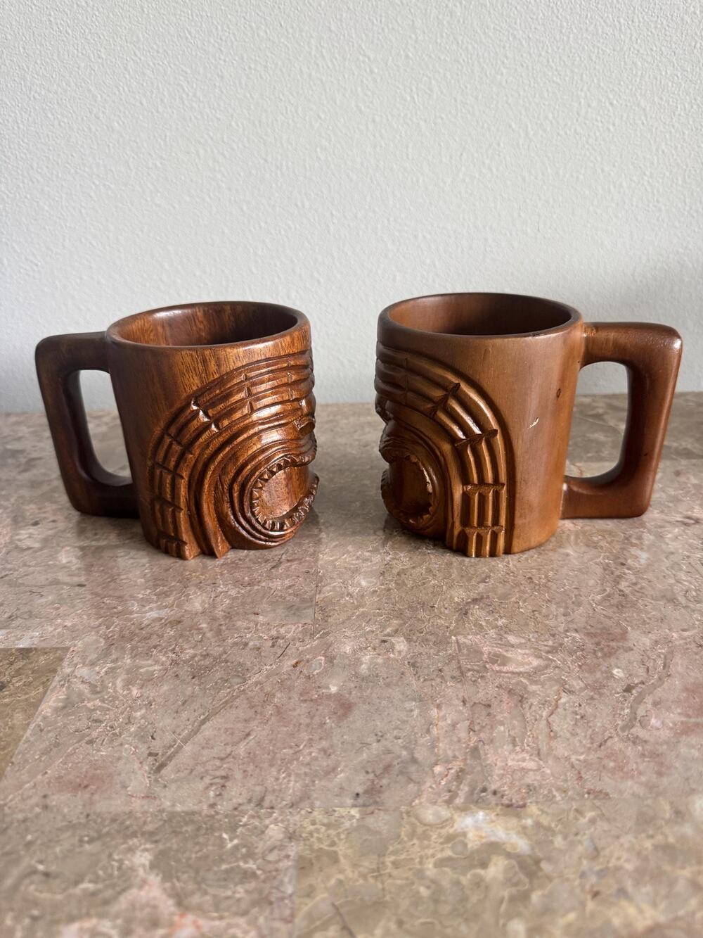 Vintage hand carved monkeypod wood hawaiin tiki mugs set of 2